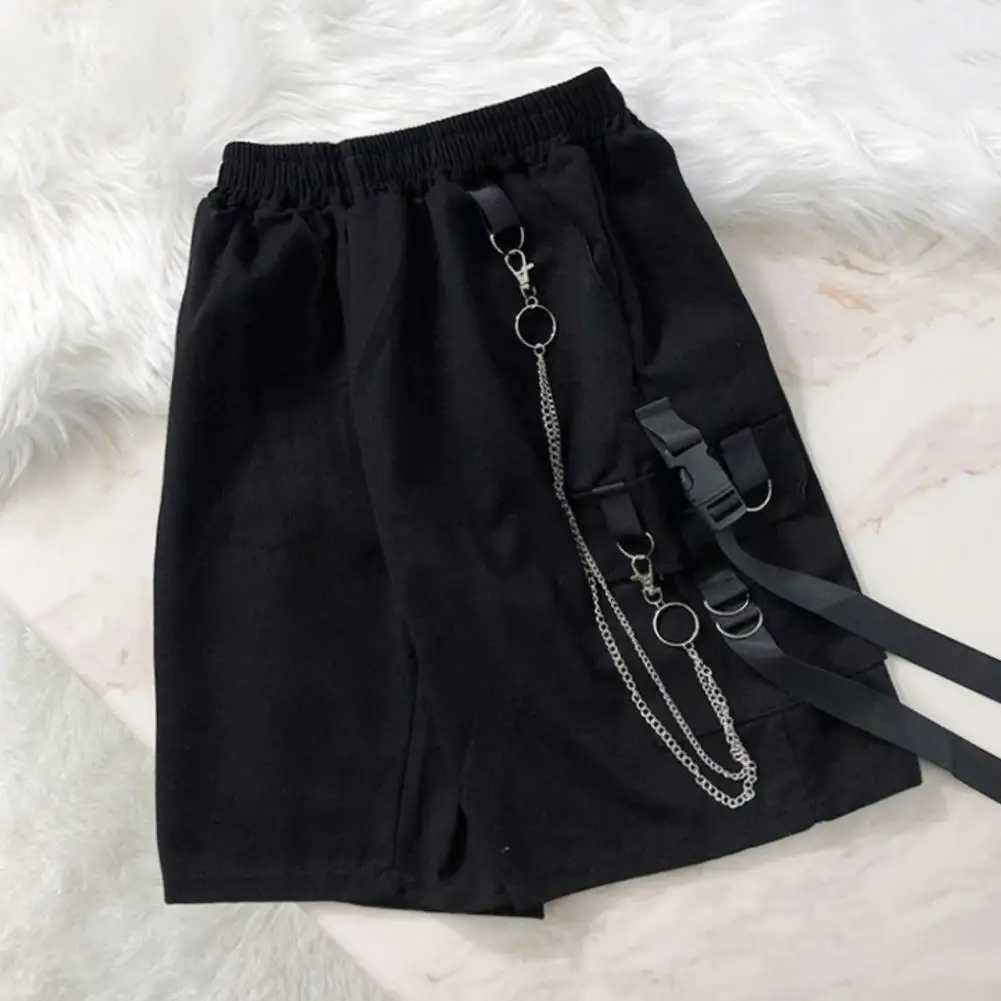 Men Shorts Multi Pockets Chain Strap Decor Casual Shorts MidRise Elastic Waistband Male Shorts Knee Length Men Cargo ShortT251015