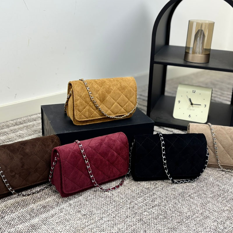 Ladies Designer Soft Suede Flap Bag Silver Metal Hardware Diamond Lattice Matelasse Chain Coin Card Holder Purse Shoulder Handbag Crossbody Wallet 19x11cm