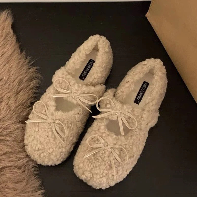 Bow Women Fur Loafers Shoes Flats Short Plush Cotton Shoes Winter Casual Warm Home Shoes Sport Sneaker Walking Zapatos Lady 251013