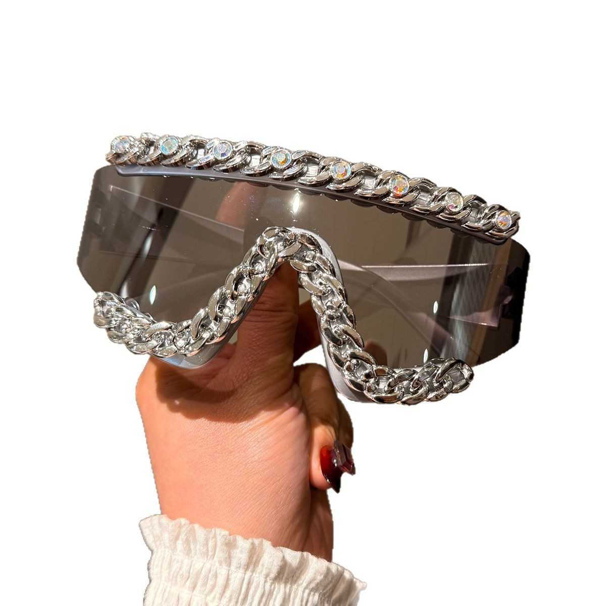 Personalized Large Frame Chain Onepiece Sunglasses Trendy Punk Sunglasses Y2k Futuristic Fashion Goggles H251015
