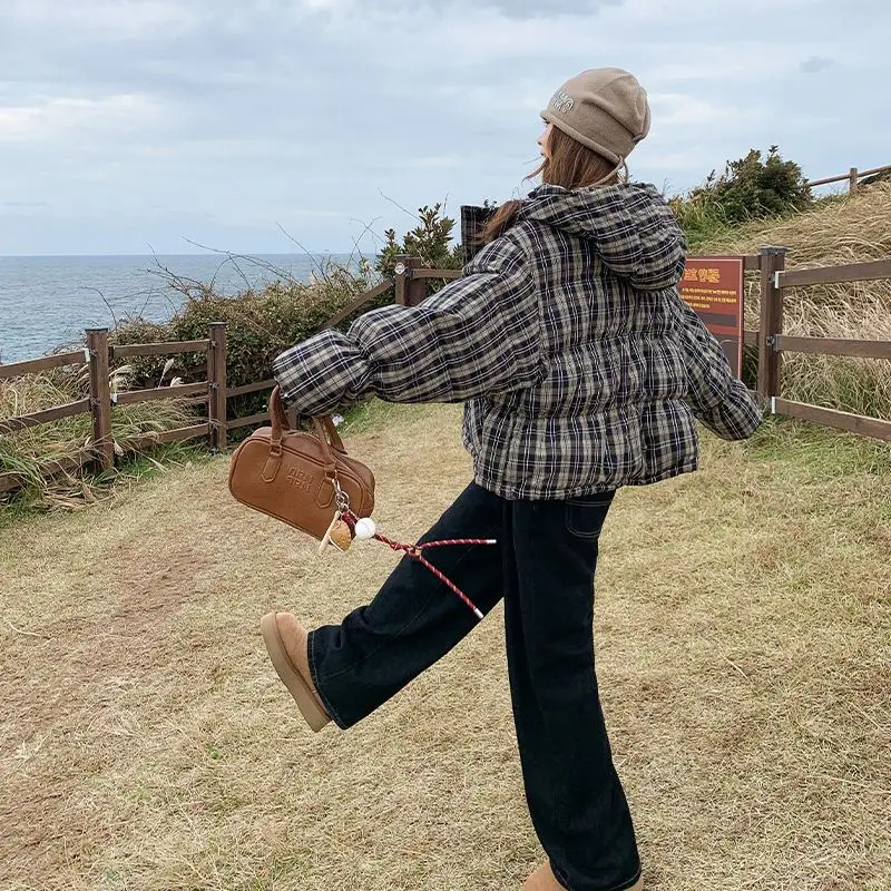 Retro Plaid Short Down Cotton Jacket for Petite Women in Winter Highend Cotton Jacket 251011