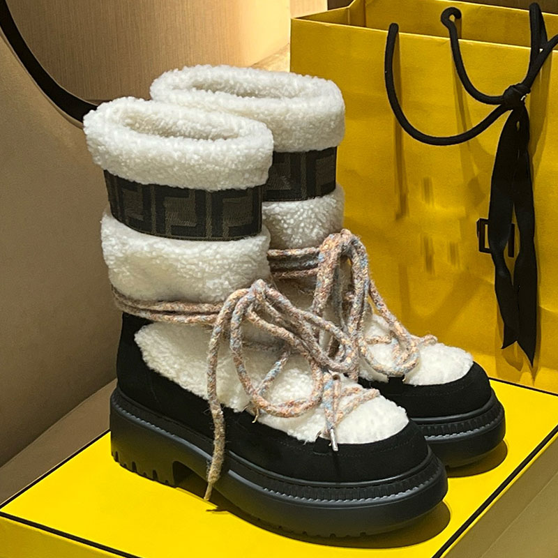White shearling suede boots Womens Sinter suede Snow Boot Ladie Round Toe Apres Ski boot Designer FF Embossed Motorcycle oots Sizes 35-41