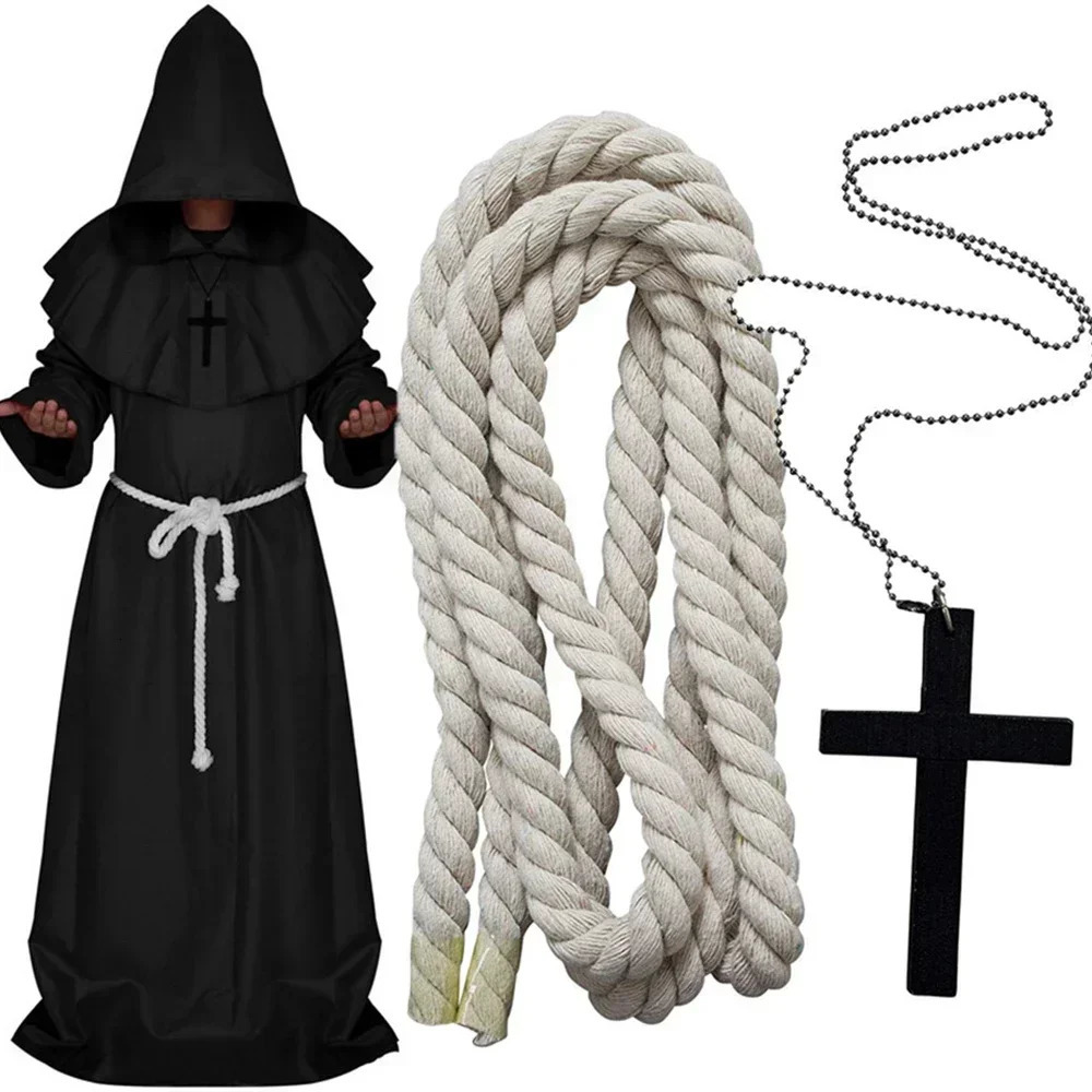 Medieval Monk Hood Cloak Sorcerer Priest Costumes Halloween Robe Wizard Knight Cape Adult Teens Outfit Party Props Set251014 - view 4