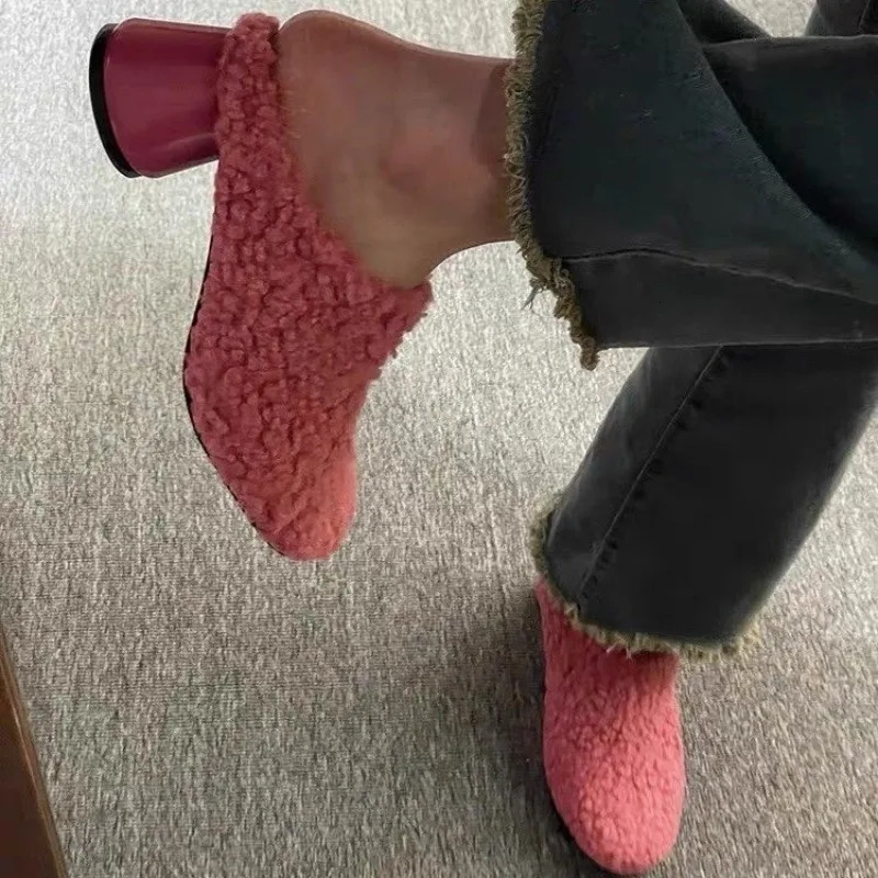 Fur Lambswool Heeled Slippers Woman Solid Color Horse Hair Round Toe Covered Toe Shoes Woman Casual Shoes 251013