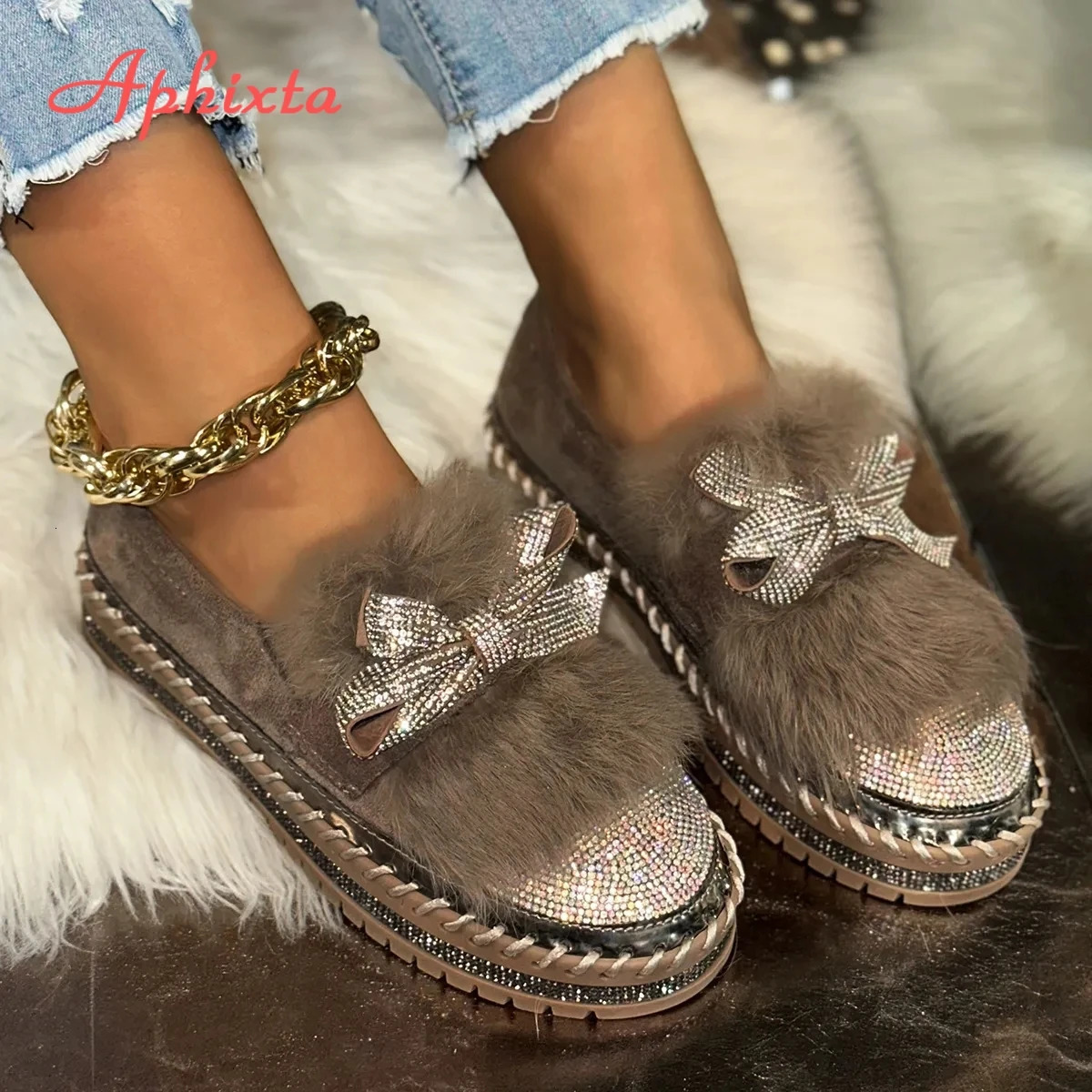 Aphixta Furry Crystal Bow Dec Womens Casual Shoes 3cm Flat Platform Loafers Short Plush Warm Autumn Winter Woman Flats Size 43 251013