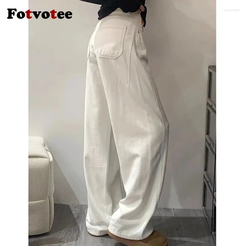 Women's Jeans FOTVOTEE High Waist Wide Leg White Women Simple Solid Straight Baggy 2025 Casual Fashion All-match Lady Trousers Z260313