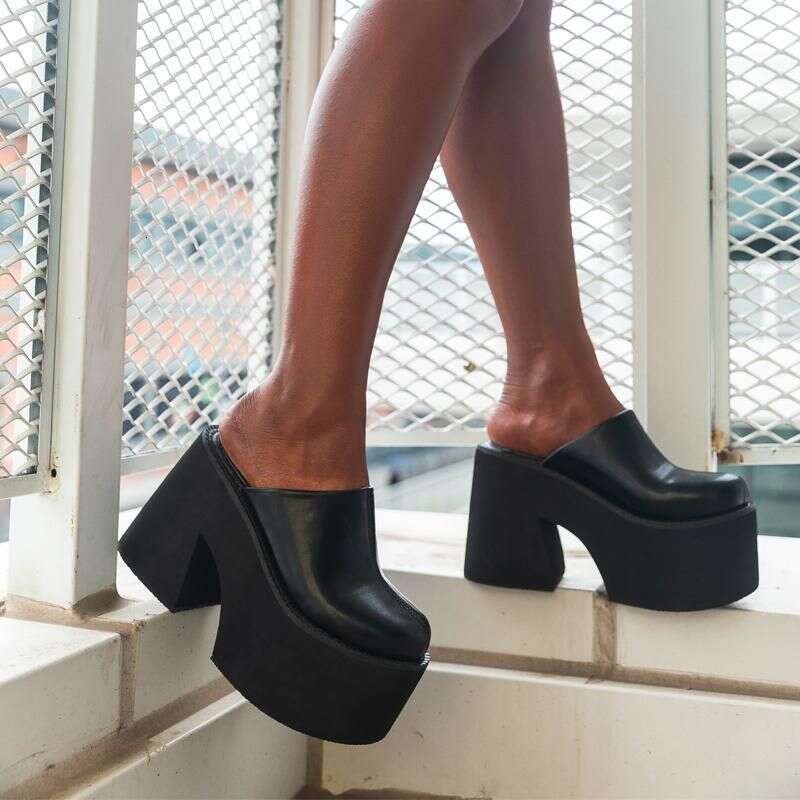 Closed Toe Mules Chunky Heels Shoes Women Thick Bottom Black High Platform Slingback Daily Wear Comfortable
