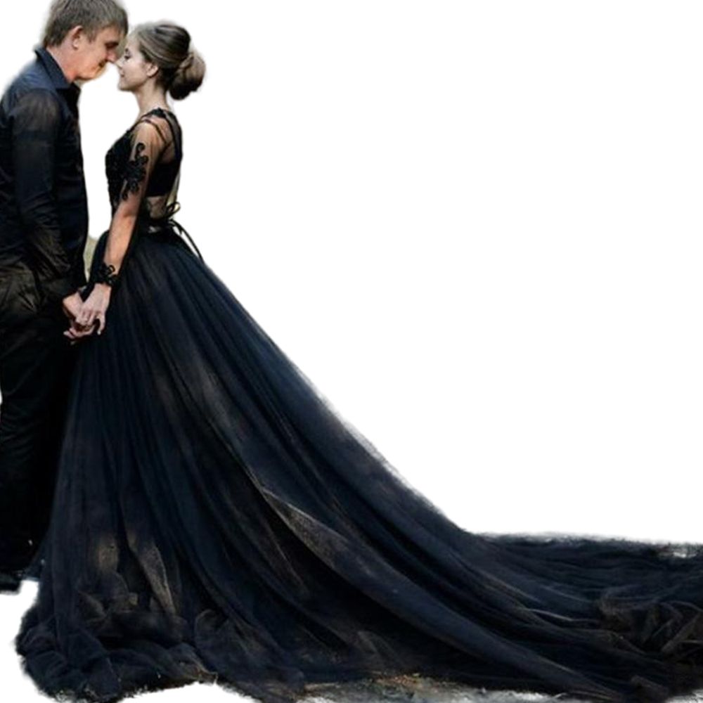Gothic Black Wedding Dresses Sexy Deep V Neck Sheer Long Sleeve Appliques Tulle Bridal Gown With High Split Robe de mariee O16