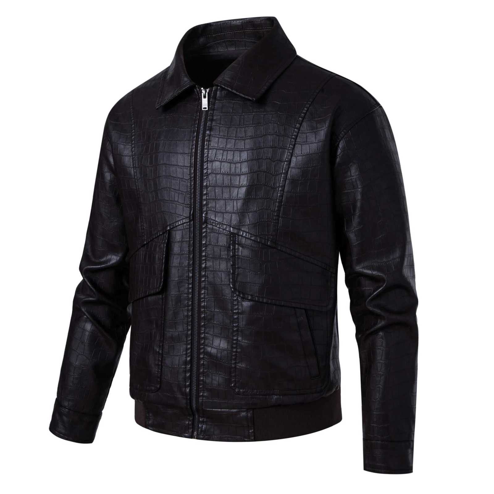 Mens faux crocodile PU leather jacket with vintage lapels W251015