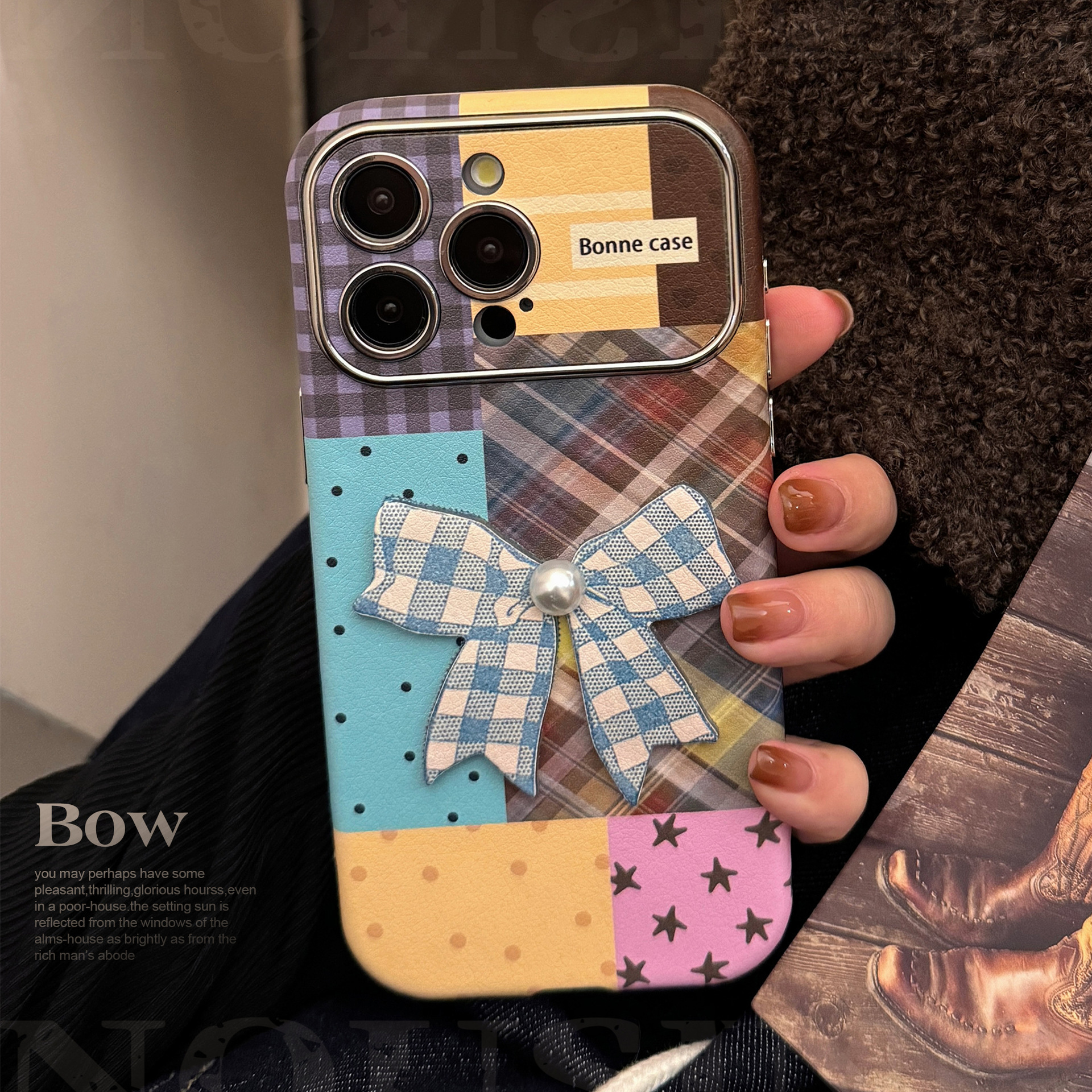 Compatible with iPhone 16 Apple Phone Case 17 Pro Max Colorful Plaid Stitching 15 3D Bow 13 Leather