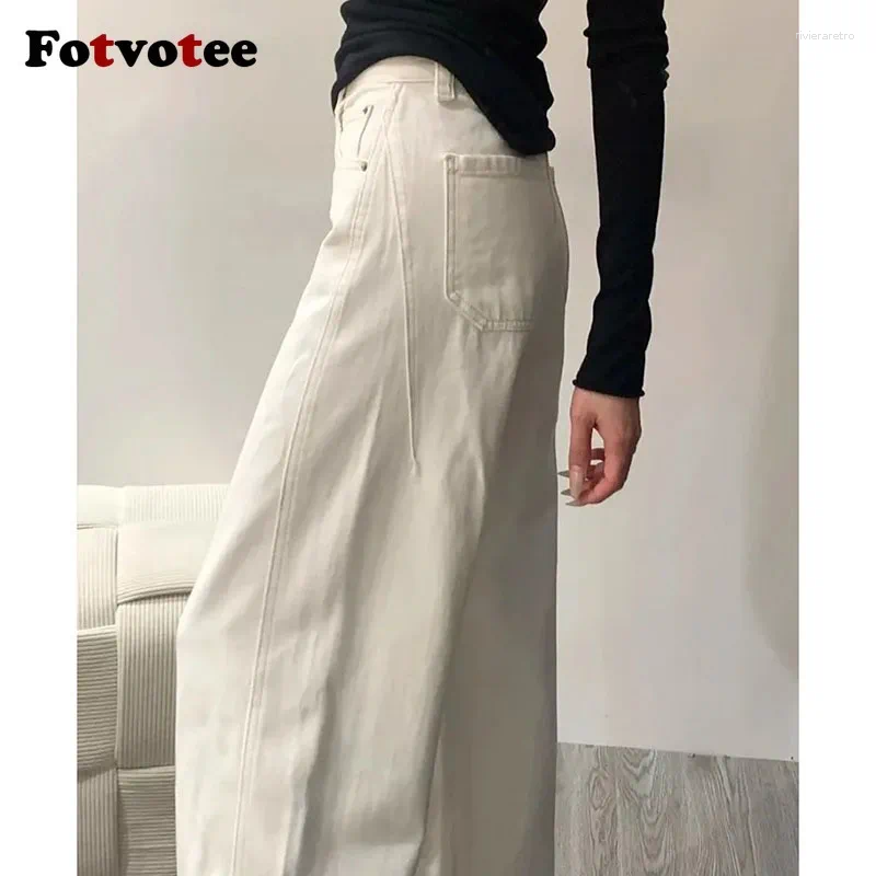 Women's Jeans FOTVOTEE High Waist Wide Leg White Women Simple Solid Straight Baggy 2025 Casual Fashion All-match Lady Trousers Z260313