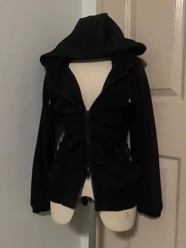 Casual Pure Cotton Retro Womens Black Zipper Hoodie 90s Gothic Lapel Long Sleeve Pleated Hoodie Hip Hop Winter Sports Jacket 251014 - view 6