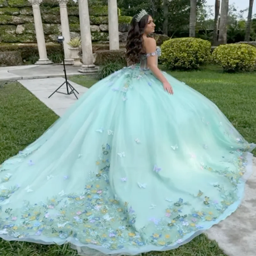Light Green Quinceanera Dresses Ball Gown Off Shoulder 3D Butterfly Applique Beading Tull Corset Sweet 16 Dress Vestido De 15 Anos