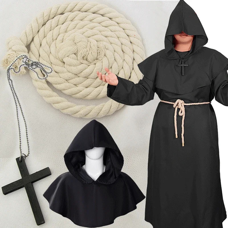 Medieval Monk Hood Cloak Sorcerer Priest Costumes Halloween Robe Wizard Knight Cape Adult Teens Outfit Party Props Set251014 - view 3