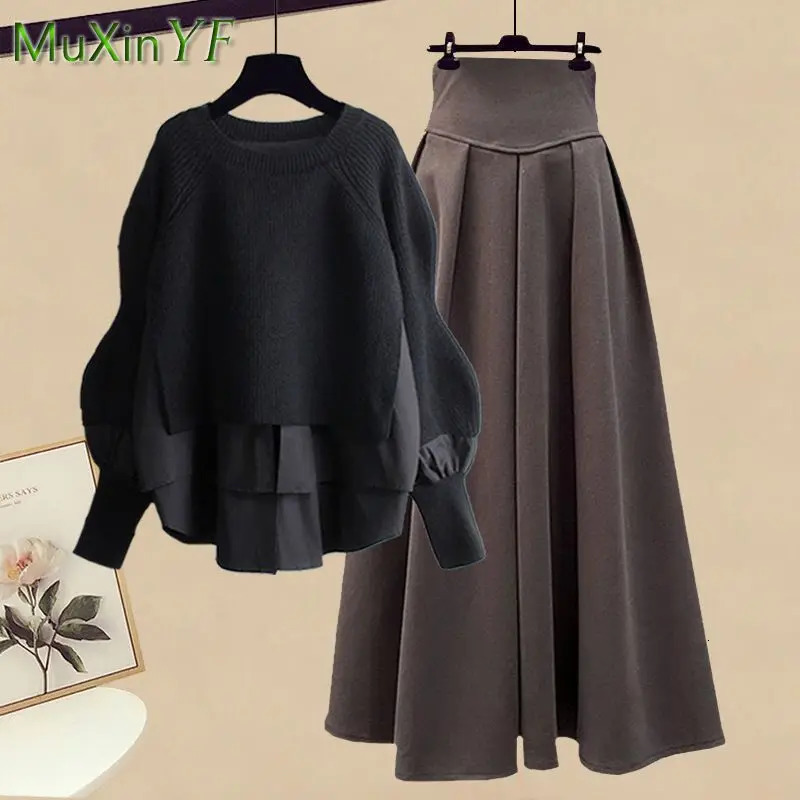 2025 SpringAutumn Korean Elegant Splice Two Piece Knitted Sweater Dress Matching Set Womens Chic Pullover Skirt Set 251028