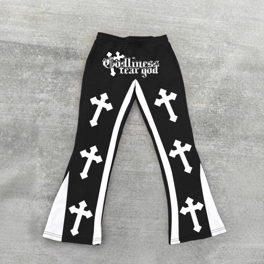 Mens Casual Street Style Trendy Cross Print Fashionable Slightly Flared Black and White Color-Block n Sweatpants 250819