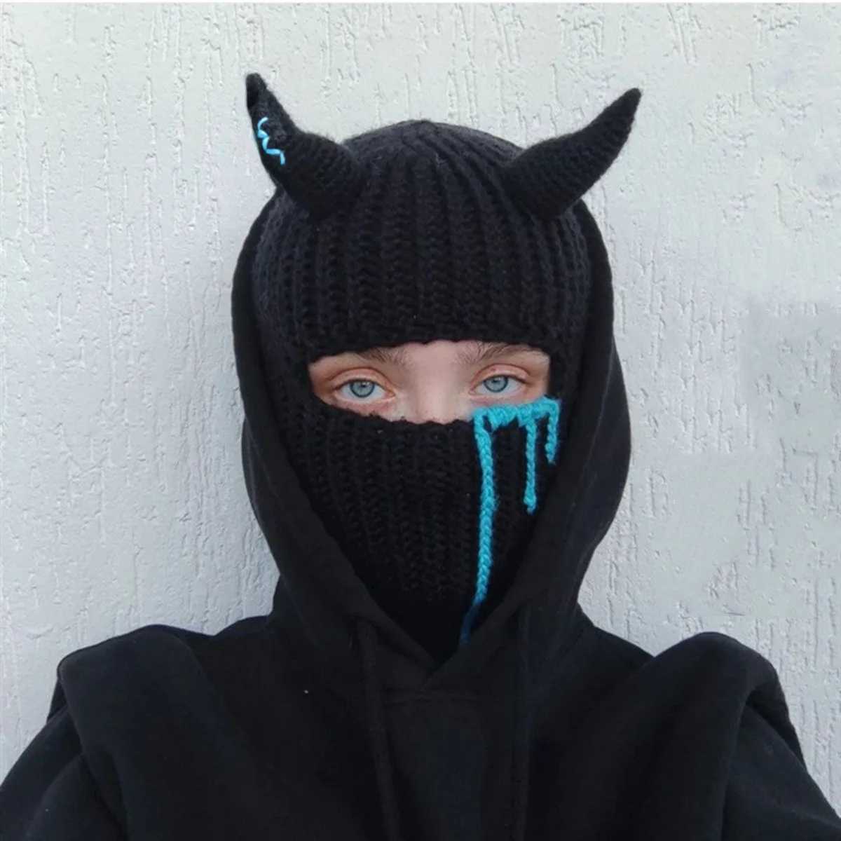 Unisex Warm Knitted Balaclava Ski Mask with Devil Horns Full Face Cover Hat for Winter Outdoor Halloween W251015