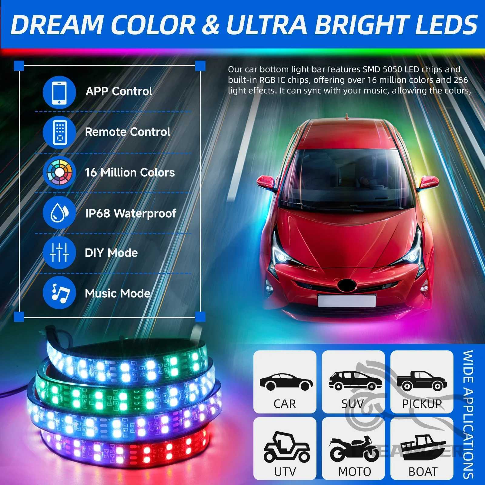 12V Flowing Color RGB LED Strip Under Car Neon Light 60150 BT App Control Car Products 6PCS Waterproof Car Accessories X251015
