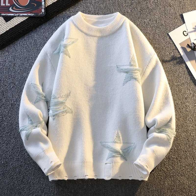 Harajuku Trend Star Pattern Knitted Sweater for Men Round Neck Pullovers Hip Hop Contrast Color Sweaters Women Men Knitwear J251015