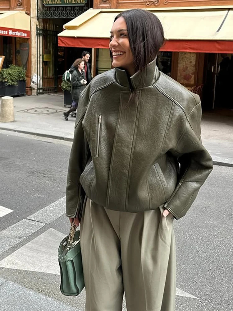 Green Zipper Leather Jacket Women Casual Stand Coller Long Sleeve Loose Coat Chic Lady Autumn Outerwear Daily Street Coats 251013