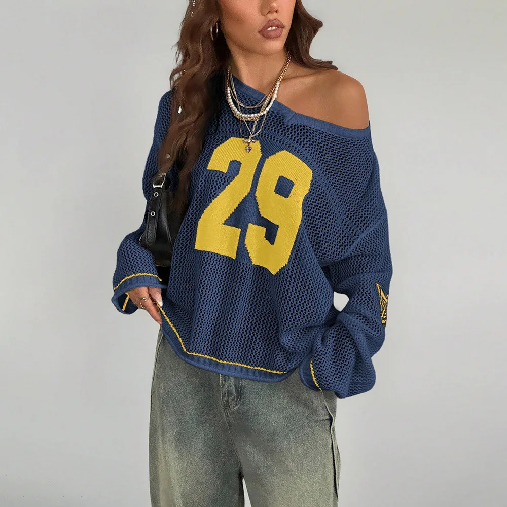 Y2K Style Sports Jersey Womens Knitted Tops Fashionable Digital Printed Round Neck Long Sleeve Jumper 2025 Summer Street Trend 251009