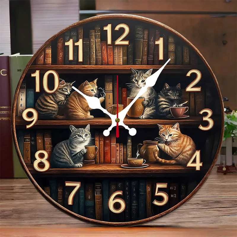 Bookshelf With Cats Wooden Round Silent Hanging Wall Clock Suitable For Living Room OfficeStudy RoomBedroom Home Decoration C251015