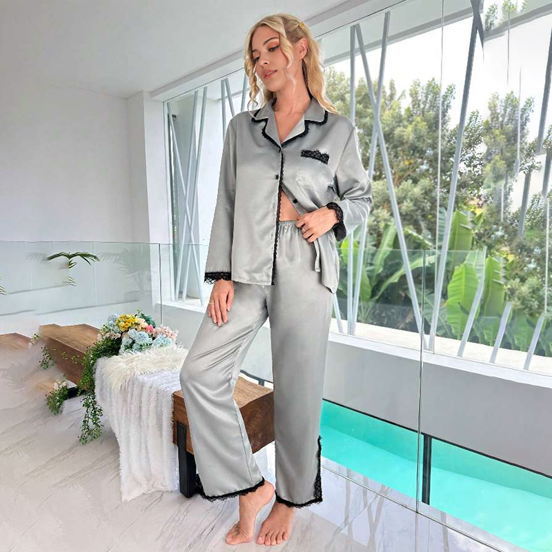 Women's Spring/Fall Silk Satin Lace Trim Long-Sleeve Split-Leg Pajama Set for Homewear nightgown retro nightgown nightgown set nightgown nightdre