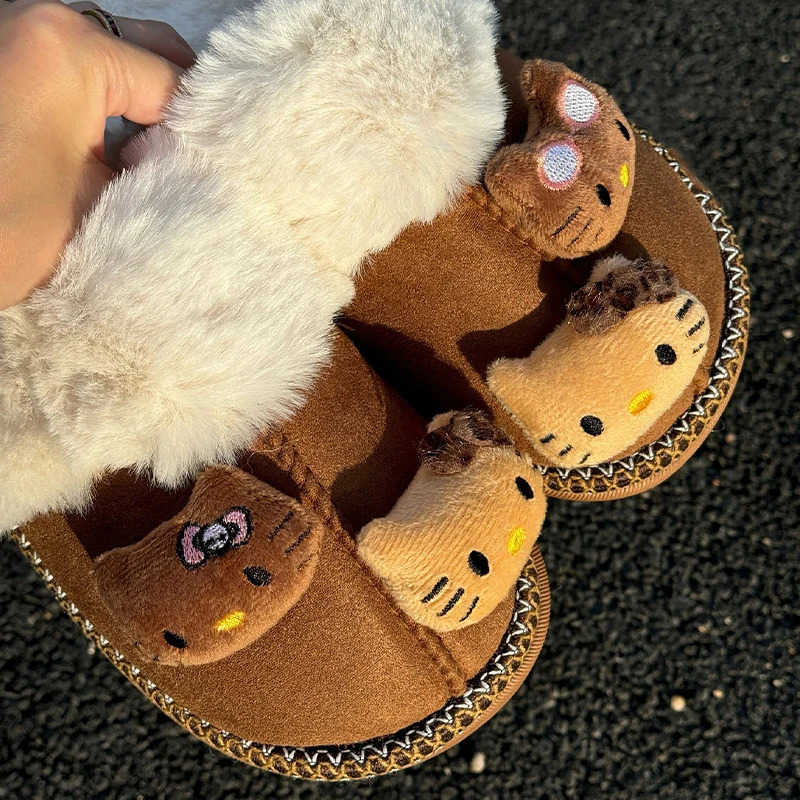 Sanrio Hello Kitty Plush Slippers Warm Winter Indoor Brown Slippers Flat Casual NonSlip Girl Home Shoes Warms Cotton Slippers L251015