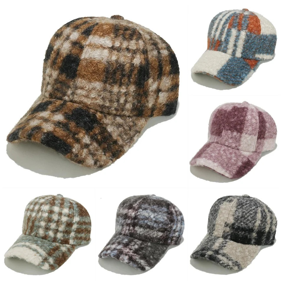Winter Lamb Wool Cap Curved Brim Warm British Style Retro Classic Plaid Baseball Cap Men and Women 251014 - view 7