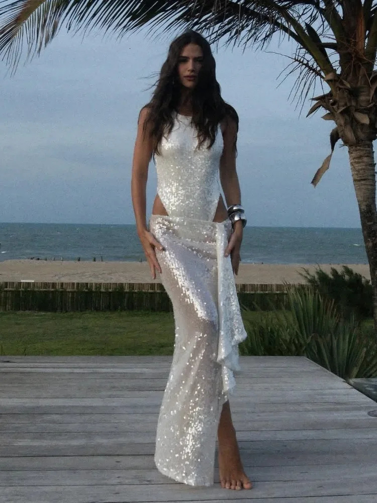 Elegant Sequined Skirts Two Piece Sets Women Holidays Party Suits Sexy Bodysuit and Slit Long Skirts 2025 Club Dress Sets 251011