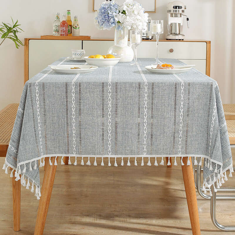 Luxury designer style Fashionable tablecloth Nordic Hollow Tassel Solid Color Long Striped Jacquard Tablecloth Coffee Table Mat Cotton Linen