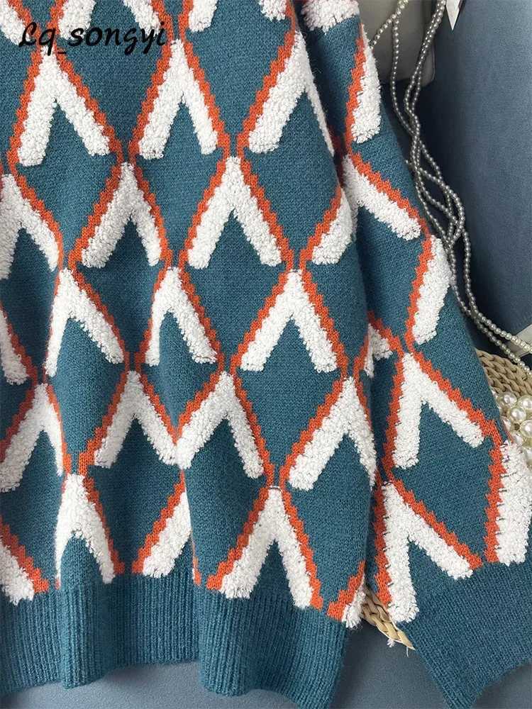 Oversized Sweaters Plaid Thicken Knitted 2024 Winter Pullover Knitted Coats Jackets Vintage Warm Turtleneck Jumper LQ1 J251015