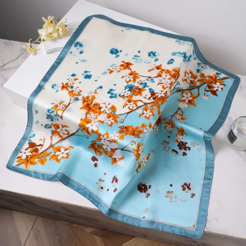 Printed Silk Scarf Women Simulated Silk Elegant Blue Versatile Headwear Bag Accessories Clothing Fashion Square Scarf 251014