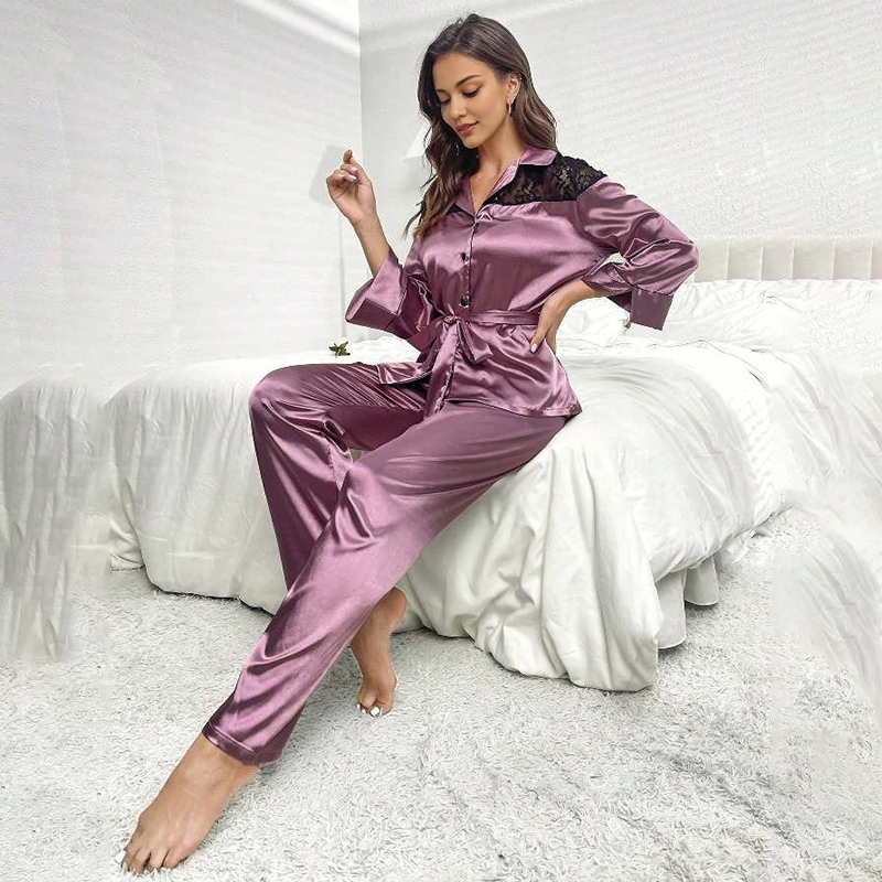 Women's Spring/Fall Silk Satin Lace-Panel Long-Sleeve Pajama Set with Pants nightgown retro nightgown nightgown set nightgown nightdress loungewe