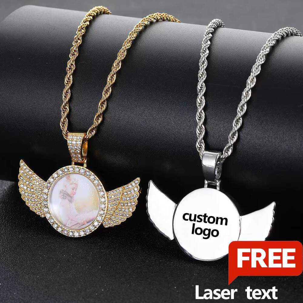 NUOYA Hip Hop Custom Photo Angel Wing Pendants Bling Moissanite Diamond Memorial Picture Frames Projection Pendant Jewelry for Gifts Designer