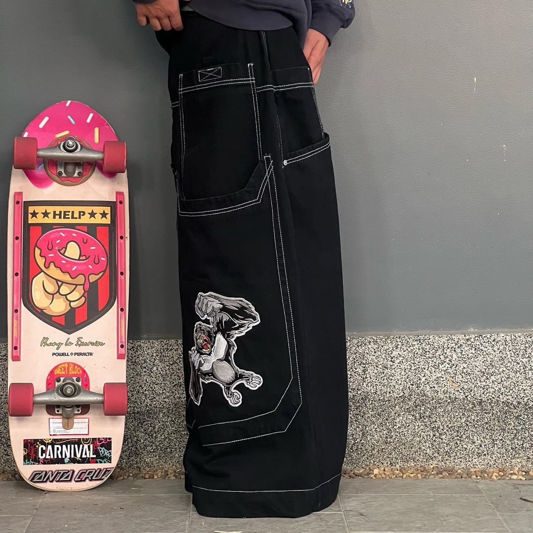 Men's Jeans American Hip-hop Skateboarding Teen Fashion Brand Loose Large Pocket Aipper Wide-leg Pants High Street Trend Print Versatile Loose Je