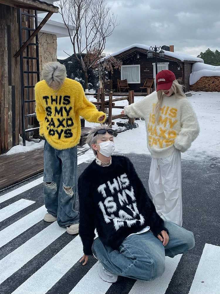 American Hip Hop Vintage Letter Mink Slouchy Couple Sweater Mens And Womens Casual Loose Knit Coat Mens ropa hombre J251015