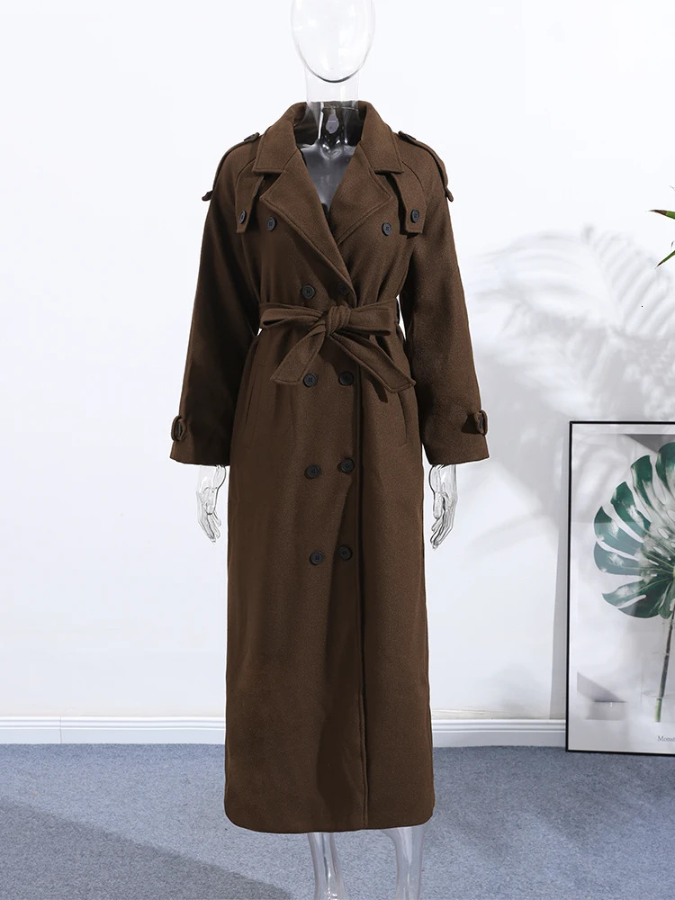 Elegant Solid Women Woolen Long Coats Loose Lapel Doublebreasted Full Sleeve Shoulder Pads Overcoat 2025 Autumn Outerwears 251015