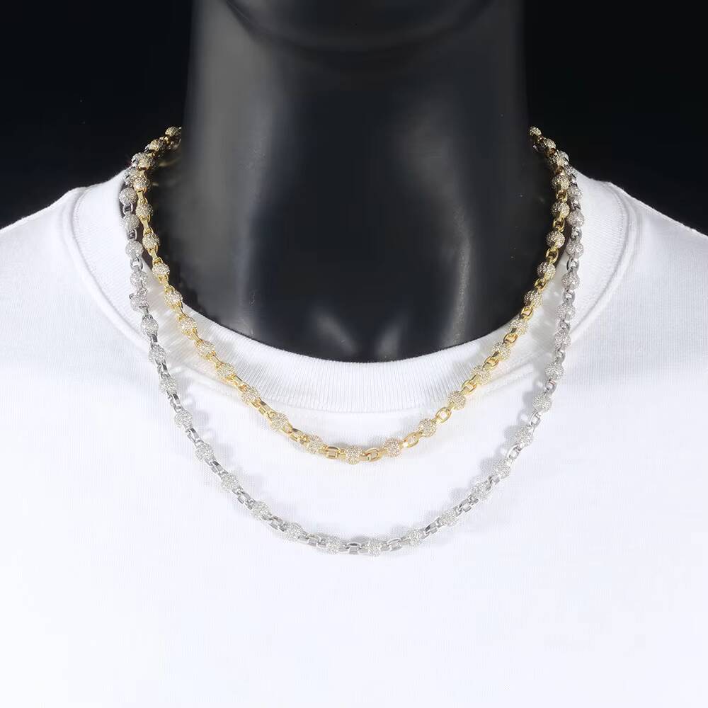 NUOYA Hip Hop Jewelry 4mm Round Bead Choker Necklace Full Pave Iced Out Moissanite Diamond Link Chain Gold Plated Necklace for Women Designer