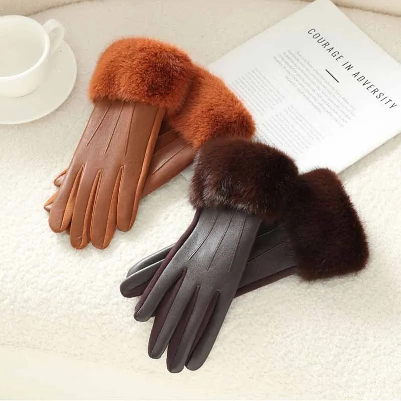 Winter Womens PU Leather Gloves Wrist Soft Faux Fur Trim Cuff Fashion Elegant Party Warm Touch Screen Drive Cycling 251009