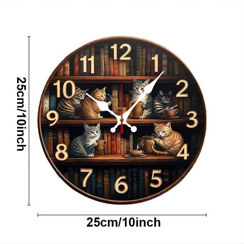 Bookshelf With Cats Wooden Round Silent Hanging Wall Clock Suitable For Living Room OfficeStudy RoomBedroom Home Decoration C251015