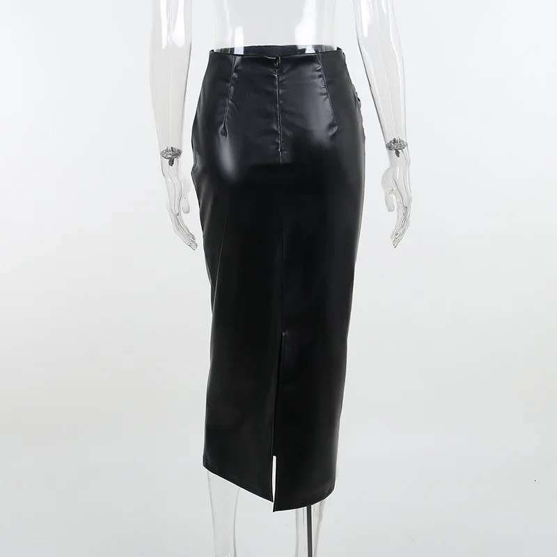 Women Autumn Sexy High Waist Bodycon Skirt Fashion Adults Slimfit Solid Color Slit Leather Long Skirt BlackWhite 251014