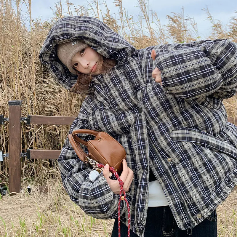 Retro Plaid Short Down Cotton Jacket for Petite Women in Winter Highend Cotton Jacket 251011