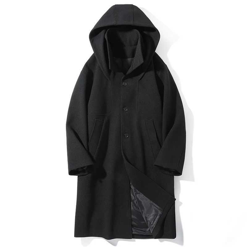 Autumn Winter Blends Coats Men Hooded Turn Down Collar Fashion Youthful Vitality Long Outwear Male Loose Trench Coat W251015