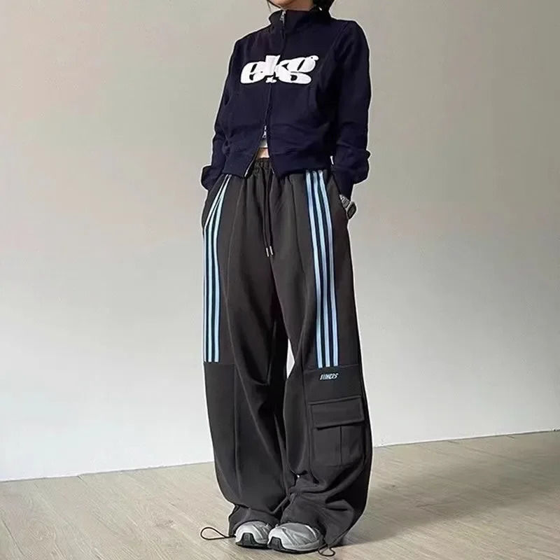 Heavyweight Sporty Wide Leg Pants Loose Fit Cotton Street Dance Womens ThreeStrap American Style Trousers Casual Sweatpants Z260314