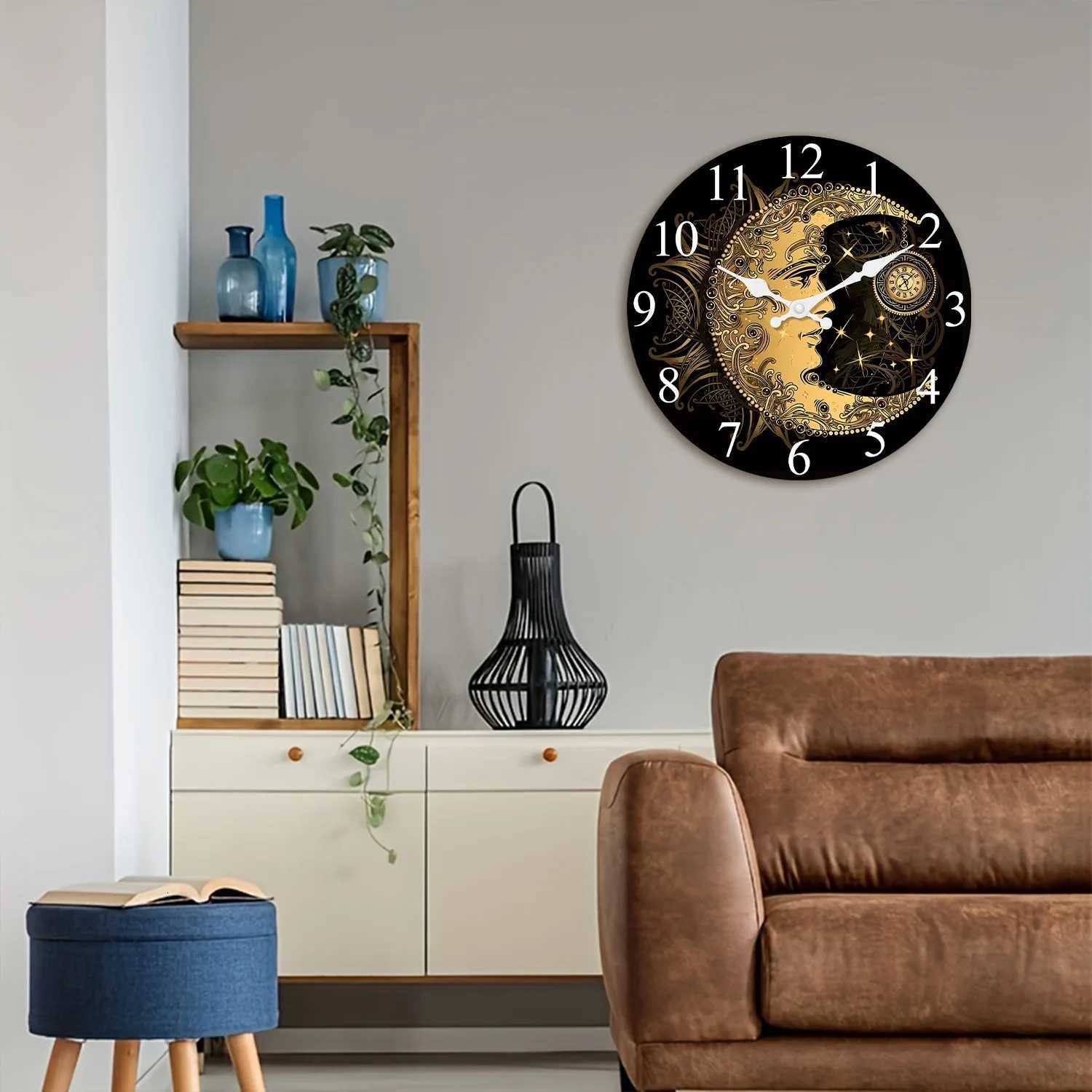 Art Sun Crescent Moon Sky Star Elephant Wooden Wall Clock Living Room Bedroom Kitchen Home Decoration Wall Clock Silent Quartz Clock Holiday Gift 10 I