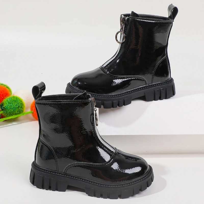 Childrens Platform Ankle Boots Autumn New Black Boots for Girls School Causal Nonslip Kids Fashion Leather Boots Front ZipperT251015