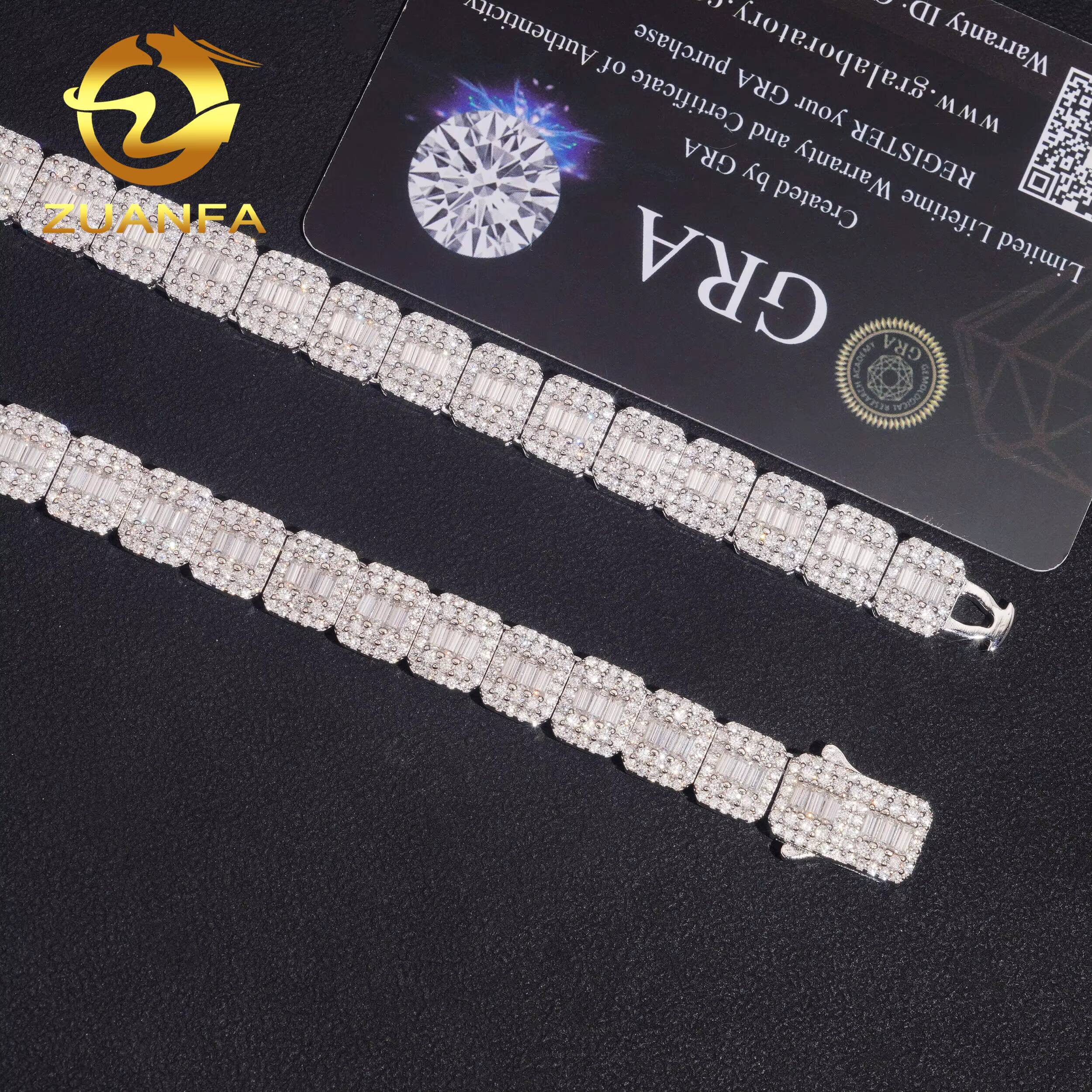 Fashion Men 9mm Baguette Cut VVS Moissanite Necklace Solid 925 Silver Hip Hop Jewelry Iced Out Cuban Link Chain Bracelet