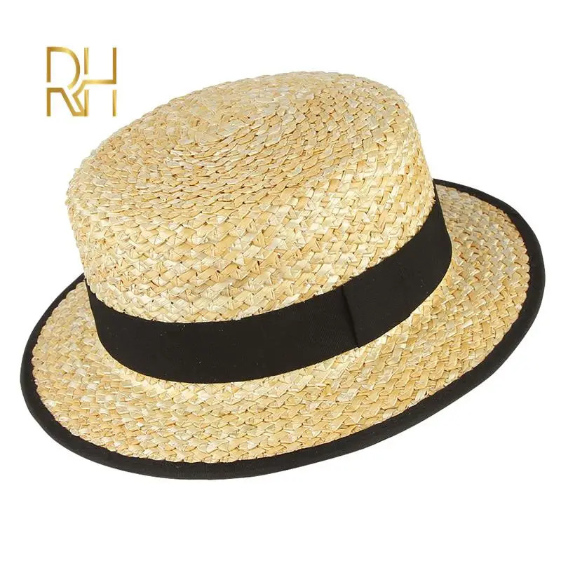 Summer Female Natural Stiff Wheat Straw Boater Fedora Top Flat Hat Women Beach Brim Cap With Red Navy Stripe Ribbon RH 251009