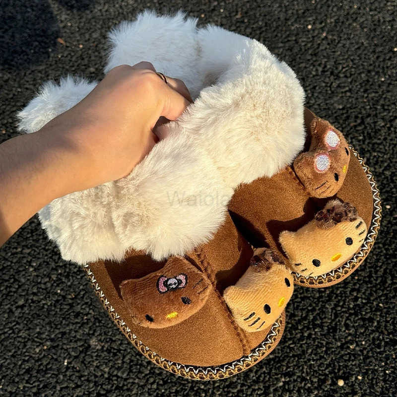 Sanrio Hello Kitty Plush Slippers Warm Winter Indoor Brown Slippers Flat Casual NonSlip Girl Home Shoes Warms Cotton Slippers L251015
